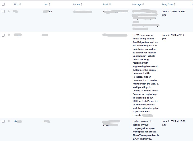 a form showing leads for interior design business