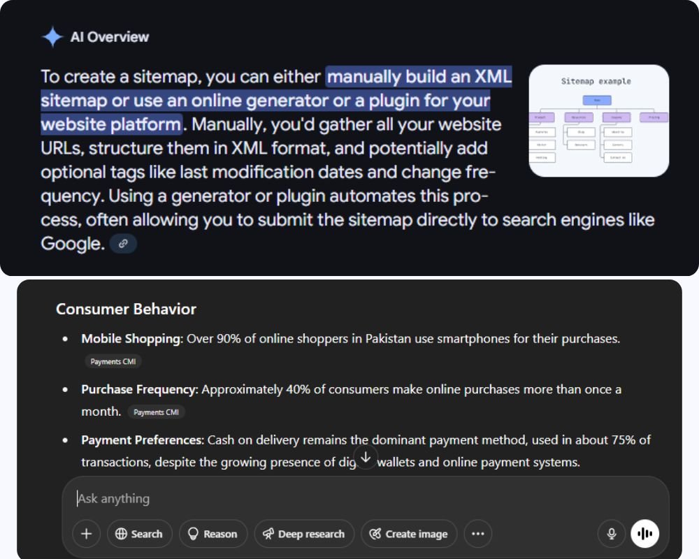 a screenshot of google ai overviews and chatgpt conversation